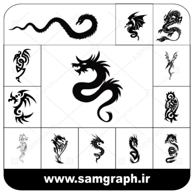 دانلود طرح سیاه و سفید وکتور مجموعه دراگون -اژدها با کیفیت تتو و خالکوبی - dragon -vector -colection-tatoo-black white part 5