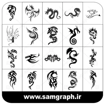 دانلود طرح سیاه و سفید وکتور مجموعه دراگون -اژدها با کیفیت تتو و خالکوبی - dragon -vector -colection-tatoo-black white part 2