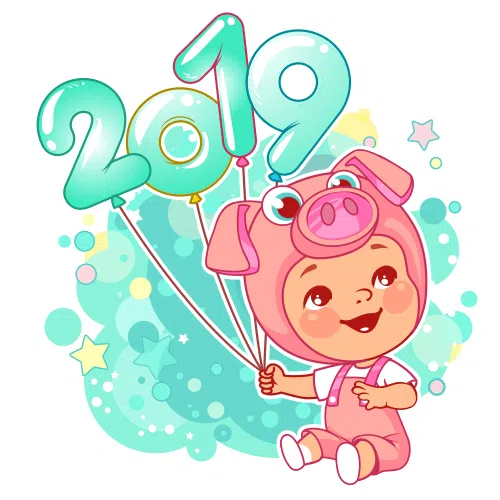 وکتور دختر بچه با لباس خوک صورتی - بادکنک سال 2019
