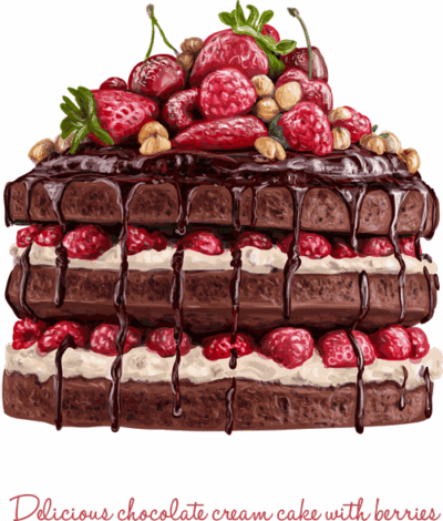 وکتور کیک میوه شکلاتی - تمشک ، گیلاس ، توت فرنگی