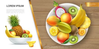 طرح وکتور بشقاب میوه های تابستانی - موز کیوی انبه آناناس کامکوات کارامبولا