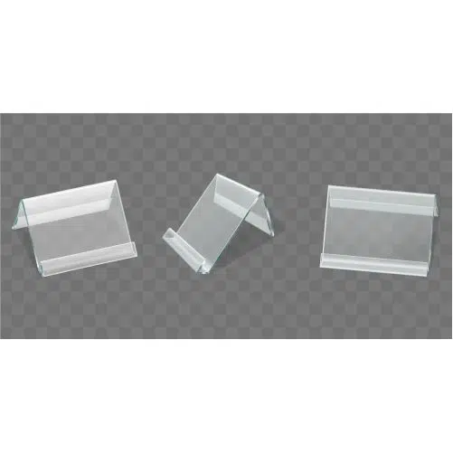 acrylic table tent displays plastic card holders 1 موکاپ استند شیشه ای ایستاده - پایه شفاف