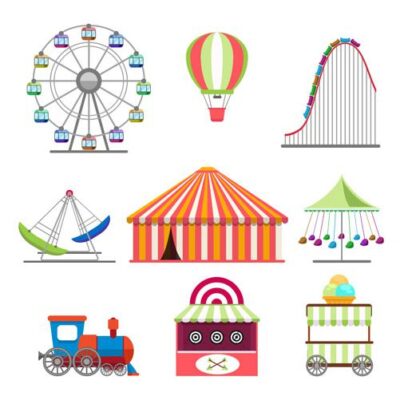 طرح وکتور شهر بازی - طرح چرخ فلک - قطار برقی - تاب - بالن - سورتمه - سیرک