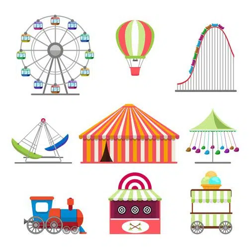 amusement park icons set flat design style 1 آیکون های ورزشی - بازی ها - بک گراند