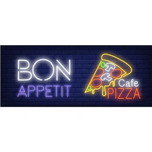 bon appetite cafe pizza neon sign pizza slice with melted cheese dark blue brick wall 1 طرح وکتور گرافیکی سنجش قد با تم کودکانه