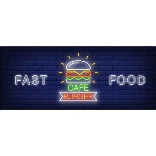 burger cafe neon sign glowing tasty big burger dark brick wall 1 مجموعه-تجار-مردم-کافه-بریک-ایزول