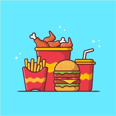 طرح وکتور برگر سیب زمینی و نوشابه و مرغ