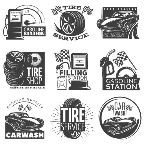 car service black emblem set with descriptions tire service car wash gas station vector illustration 1 طرح