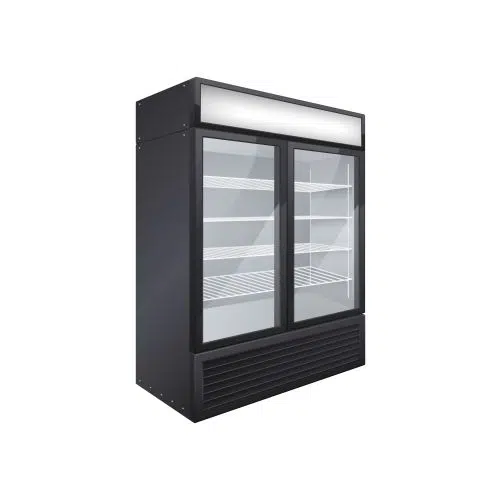 commercial glass door drink fridge realistic composition with isolated image double door shop fridge 1 موکاپ پیشخان تبلیغاتی - غرفه ایستاده