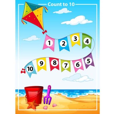 وکتور بادبادک با دنباله شماره دار 1 تا 10 - پس زمینه تابستانی ساحل و دریا