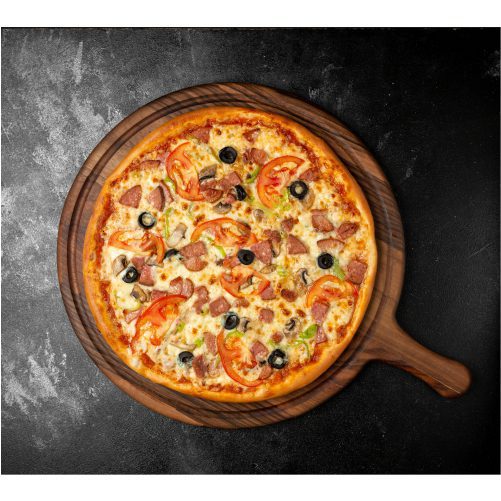 crispy mixed pizza with olives sausage 1 تصویر با کیفیت پیتزا از نمای نزدیک