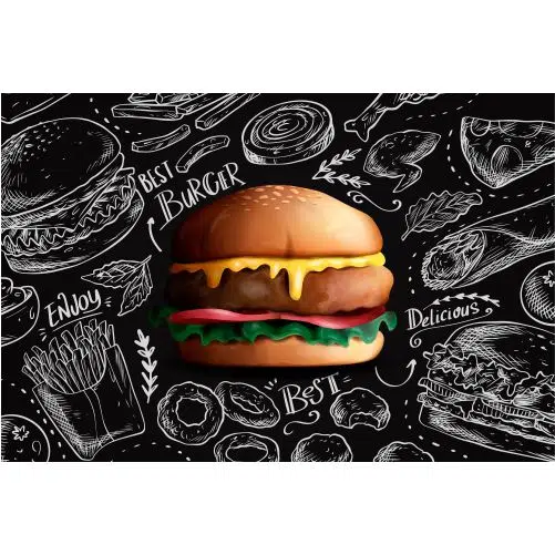 طرح زمینه منو فست فود - طرح وکتور همبرگر 1 delicious realistic burger on chalkboard background 1 طرح زمینه منو فست فود