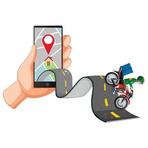 delivery man riding road with hand using smartphone 1 تصویر
