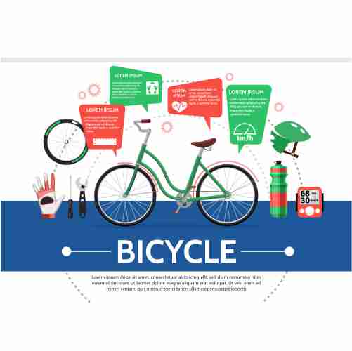 flat bicycle elements composition with bike wheel bottle helmet speedometer glove wrench screwdriver 1 تصویر