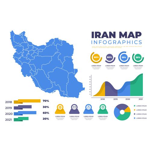 flat iran map infographics 1 طرح وکتور اینفوگرافی نقشه ایران و نقشه جهان و نمودارهای آماری