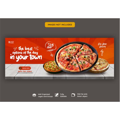 food menu delicious pizza facebook cover banner template 1 تصویر با کیفیت موبایل هوشمند با تصویر سفید در دست