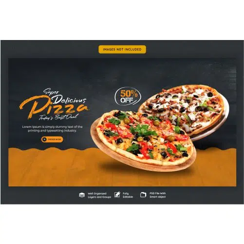 food menu delicious pizza web banner template 1 طرح شکل موج پر جنب و جوش آبی با زمینه سفید