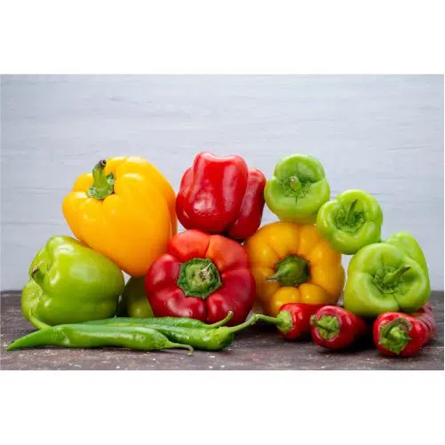 front view colorful bell peppers with peppers brown desk vegetable color 1 آیکون‌های گل گندمی-روشن-مسطح-زرد-طرح-