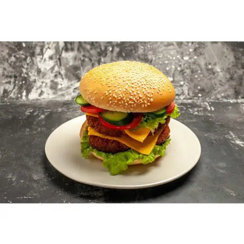front view tasty meat burger with vegetables dark surface sandwich fast food bun 1 قاب