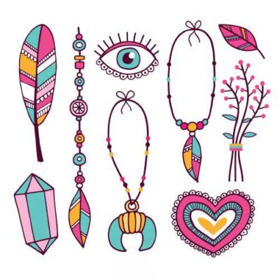 طرح وکتور عناصر بوهو - طرح وکتور چشم گردنبند قلب شاخه و برگ سنگ پر