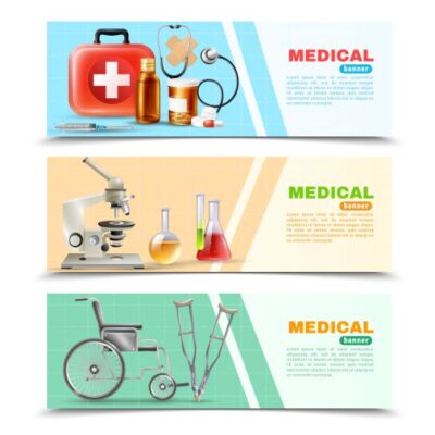 طرح وکتور پزشکی آزمایشگاه و عصا و چرخ معلولین