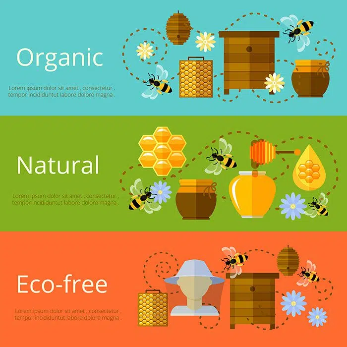 honey beekeeping natural eco sugar banners 1 بنر آماده تولید عسل طبیعی - طرح وکتور عسل فروشی - کندو زنبور - زنبور دار