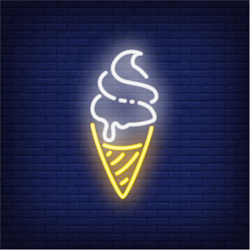 ice cream neon sign dessert waffle cone brick wall background 1 آیکون سه بعدی زن فعال - مهمانی و کلاه جشن