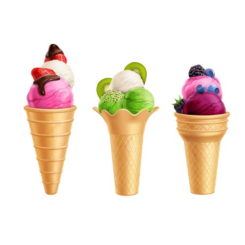 ice cream with fruits realistic set 1 طرح وکتور بستنی وانیلی و بستنی حصیری