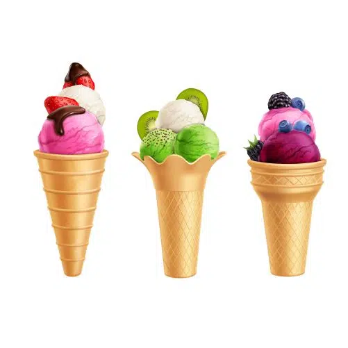 تصویر لایه باز بستنی قیفی در طعم های مختلف 1 ice cream with fruits realistic set 1 تصویر لایه باز بستنی قیفی در طعم های مختلف