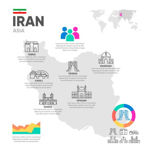 iran map infographics 1 طرح وکتور اینفوگرافی نقشه ایران و نقشه جهان و نمودارهای آماری