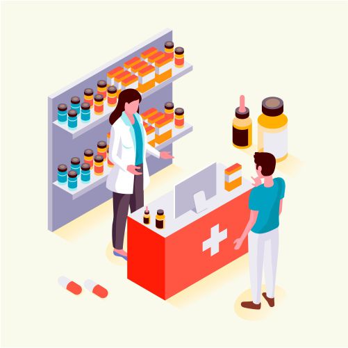 isometric style pharmacy with people 1