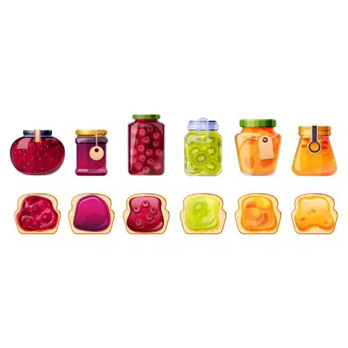 ست وکتور طرح شیشه های مربا 1 jam jars bread toasts glass containers with fruit jelly peach apricot 1 ست وکتور طرح شیشه های مربا