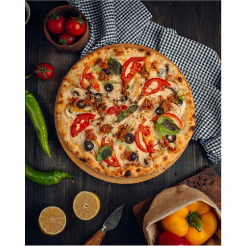 mix pizza with tomato slices mushroom olive 1 کاغذ قرمز پاره شده