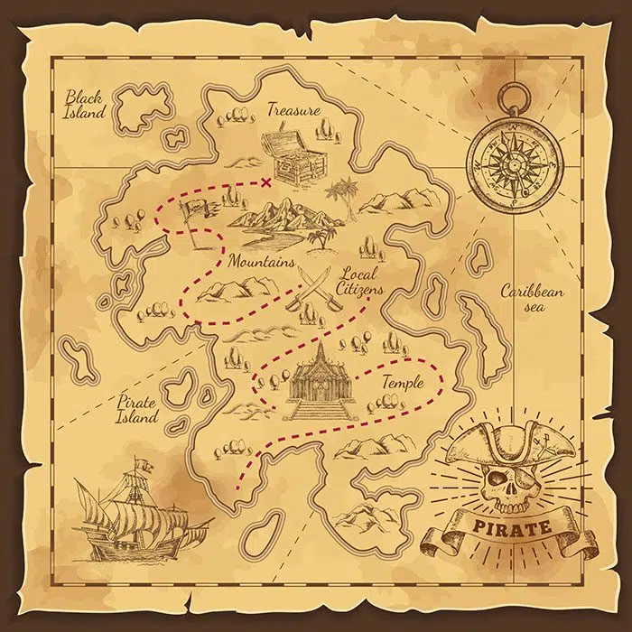طرح وکتور نقشه دزدان دریایی - نقشه دستی گنج 1 pirate treasure map hand drawn illustration 1 طرح وکتور نقشه دزدان دریایی