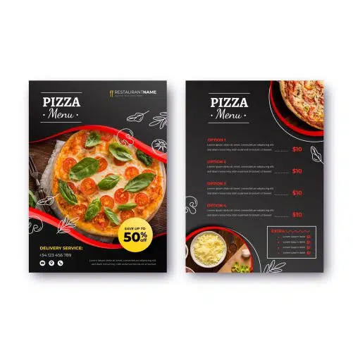 pizza restaurant menu with photo 1 طرح شکل موج پر جنب و جوش آبی با زمینه سفید