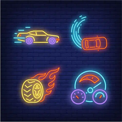 racing cars wheel on fire and speedometer neon signs set 1 طرح وکتور بستنی قیفی دو رنگ با زمینه ستاره