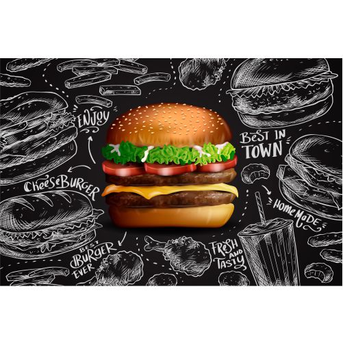realistic burger on chalkboard background 1 طرح شکل موج پر جنب و جوش آبی با زمینه سفید
