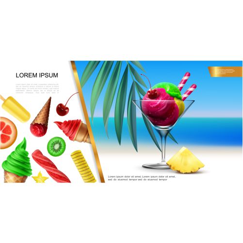 realistic ice cream concept with colorful scoops glass sea landscape fruit icecream 1 طرح وکتور بستنی و پوستر تابستانی ساحل و دریا
