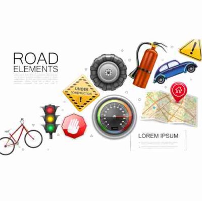 وکتور علامت های جاده ای - نقشه و لوکیشن - چرخ و چراغ راهنمایی - کپسول اتفا حریق