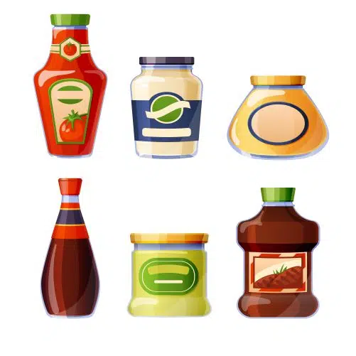 sauces and dressings in glass bottles 1 وکتور و آیکون رنگارنگ انواع غذا ها
