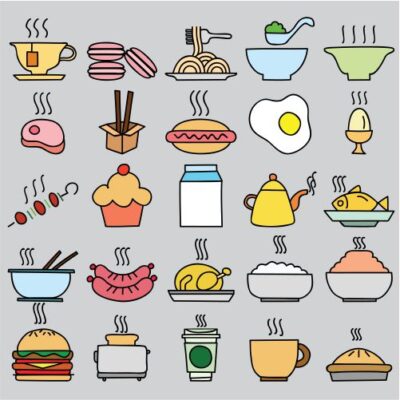 وکتور و آیکون رنگارنگ انواع غذا ها