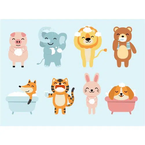 set funny animals bathroom bathing shower rabbit fox dog lion elephant pig bear cartoon style 1 کاراکتر