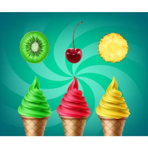 وکتور انواع بستنی با طعم گیلاس کیوی و آناناس 1 set soft ice cream with kiwi cherry pineapple tastes 1 وکتور انواع بستنی با طعم گیلاس کیوی و آناناس