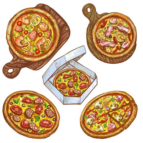 set vector illustrations whole pizza slice pizza wooden board pizza box delivery 1 وکتور انواع پیتزا ها و جعبه پیتزا