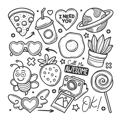 stickers hand drawn doodle 1 وکتور دودل ترسیم شده غذا ها دوربین گلدان و زحل