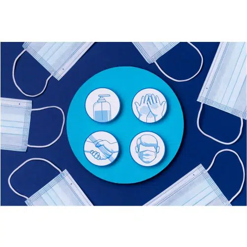 top view safety measures logos with medical masks 1 مجموعه