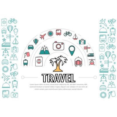 مجموعه آیکون های خطی مسافرت و گردشگری