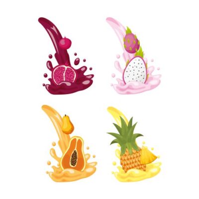 وکتور طرح میوه ها و آبمیوه انار آناناس و انبه