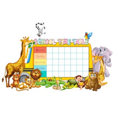 وکتور تقویم و جدول خالی هفتگی کودکانه و حیوانات