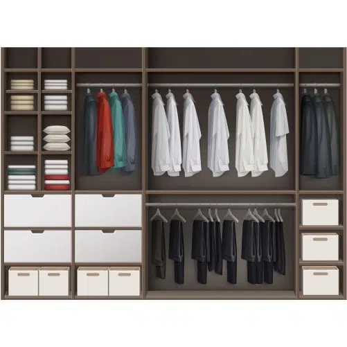 vector brown cloakroom closet with shelves full boxes clothes shirts boots shoes hats front view 1 عکس با کیفیت بافت شلوار جین آبی